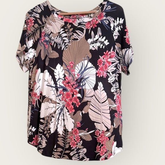 ALIGADUO Floral Tropical Print Blouse Black Pink Brown Short Sleeve Top XL - Picture 1 of 5